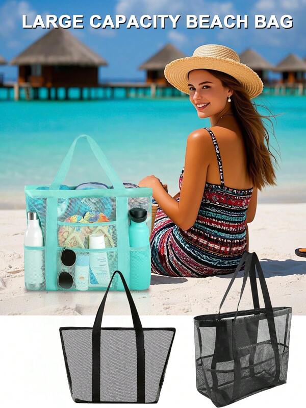 Solid Color, Foldable, Suitable For Swimming And Fitness, Also For Bathroom Toy Storage, Lightweight, Large Capacity, Portable Mesh Beach Bag, Perfect For Family Trips, Vacations, Vacations, Beaches, Camping And Hiking Schoolbags, Large Capacity, Portable, Suitable For Teen Girls And College Students, Perfect For Returning To School, College, Junior High School And Senior High School