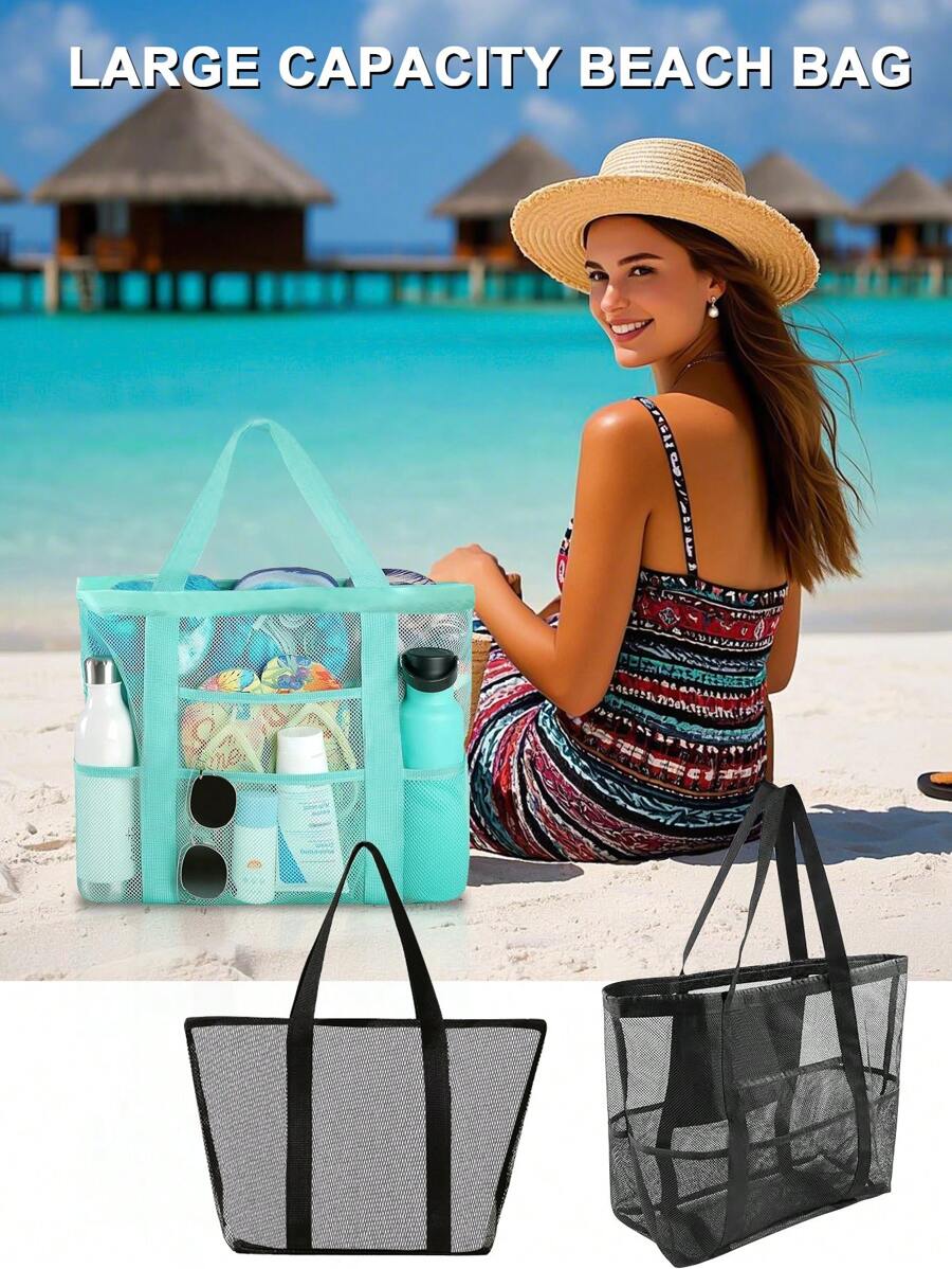 Solid Color, Foldable, Suitable For Swimming And Fitness, Also For Bathroom Toy Storage, Lightweight, Large Capacity, Portable Mesh Beach Bag, Perfect For Family Trips, Vacations, Vacations, Beaches, Camping And Hiking Schoolbags, Large Capacity, Portable, Suitable For Teen Girls And College Students, Perfect For Returning To School, College, Junior High School And Senior High School