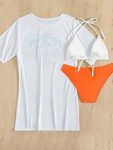 New Halter Bikini With Short Sleeved Cover Up Brazilian Bikini 3 Piece Set Swimsuit Low Waisted Beach Vacation Bathing Suit 2025 - trắng - Xem 3
