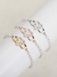1pc Fashionable High-End Elegant Metal Heart Crystal & Faux Pearl Chain Bracelet, Suitable For Women Everyday Wear, Great Gift For Thanksgiving, Valentine's Day, Friends