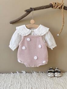 新生女宝宝甜美毛绒粉色针织连体衣，春秋季