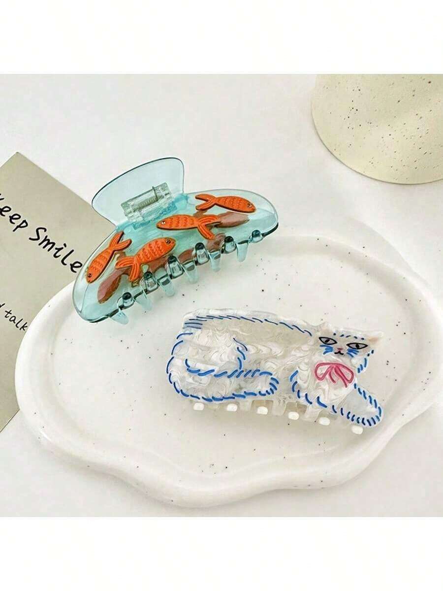 1pc Oversized Acetate Cute Curly Perm Cat & Goldfish Bowl Hair Claw Clip, Matte Anti-Slip Everyday Hair Accessory, Beautiful Gift Hair Accessories Animal Hair Clips, School Stuff, College