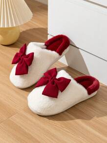 Women's Cute Big Bow Flat Slide Slippers For Indoor/Home Use - Burgundy - View 3
