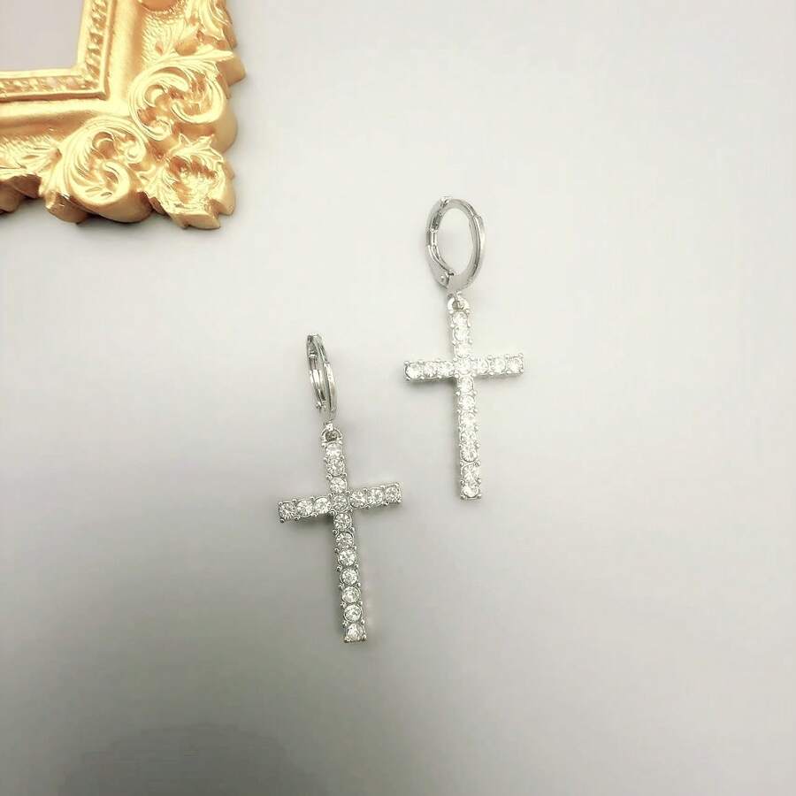 1 Pair Fashionable Unique Crystal Studded Cross Drop Earrings