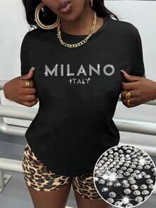 大码女式水钻装饰闪光圆领短袖 T 恤，闪光“意大利米兰”标语闪亮节日派对礼物上衣，适合所有季节