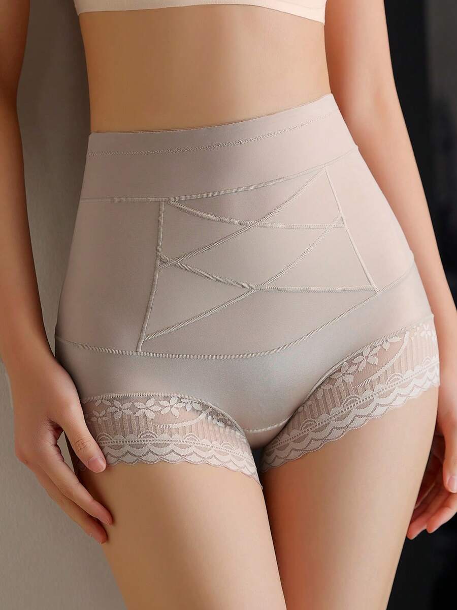 Quần lót ôm sát cạp cao không đường may cho nữ, kiểm soát bụng, ren vá, gợi cảm và không cuộn - Màu be - Xem 1