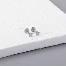 2 Pairs Star Screw Twist Ball Threaded Titanium Steel Earrings, Hypoallergenic High-End Personalized Minimalist Style Pentagram Ear Piercing Jewelry - Silver Star - View 1