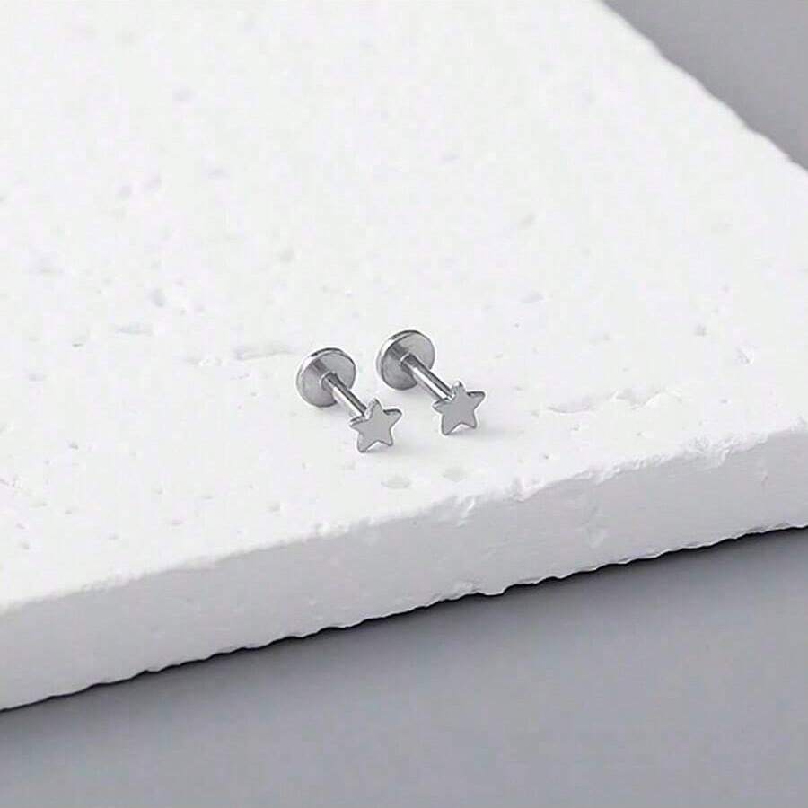 2 Pairs Star Screw Twist Ball Threaded Titanium Steel Earrings, Hypoallergenic High-End Personalized Minimalist Style Pentagram Ear Piercing Jewelry - Silver Star - View 1