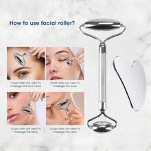 Stainless Steel Facial Roller & Gua Sha - Metal Gua Sha, Gua Sha Facial Tools 304 Stainless Steel, Facial Body Treatment, Puffiness Reduction, Lymphatic Drainage, Facial Tension - Silver-Set Combo - 彩色 - 查看 2