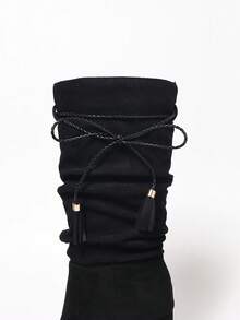 Black Pleated Drawstring Tassel Mid-Calf Boots, High Chunky Heel Round Toe, Versatile Elegant Boots For Holiday, Music Festival, Commute, Vacation - Black - View 6