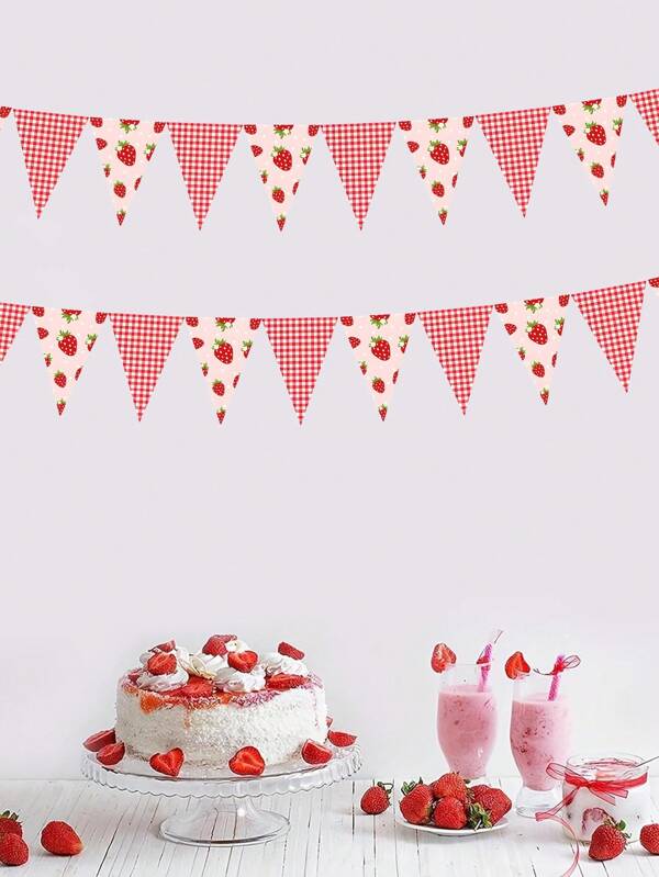 1/2/4/6 Packs(Each Pack Contains 12pcs) Strawberry Pennant Banners - Pre-Strung Strawberry Single Sided Paper Triangle Flag, Sweet Strawberry And Pink Checkered Designs,Strawberry Party Decorations , Berry Themed Birthday Party BabyShower Supplies