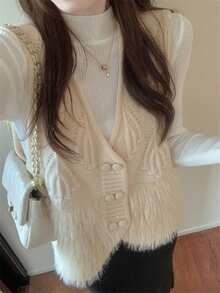 女士纯色毛绒拼接V领毛衣背心，秋冬款 - 杏色 - 查看 3