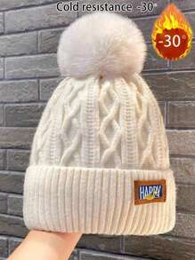 1pc Autumn Winter Thicken Knitted Beanie Hat, Women Warm Thermal Lined Ear Protection Casual Elegant Streetwear Polyester Hat With Letter, Bohemian Pattern Embroidery, Suitable For Cold Weather Halloween