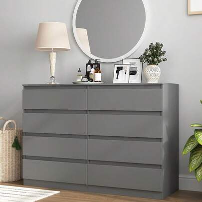 Grey Dresser For Bedroom, Modern Large 8 Drawer Dresser With Deep Drawer, Wide Storage Chest Of Drawer, Wood Bedroom Storage Organizer Furniture For Closet