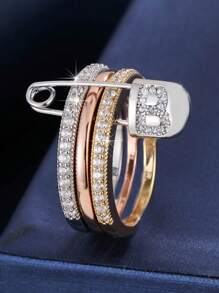 1 pezzo Anello da donna unico con design a 3 anelli e un singolo ago, decorato con zirconia cubica