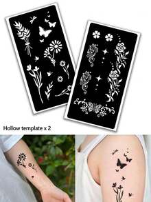 海娜纹身模板及染料套装（纹身模板+纹身染料） - 多图案临时纹身，适用于手部、手指、手腕、肩膀、颈部、锁骨等部位，防水假纹身模板套装，男女通用 - 彩色 - 查看 12