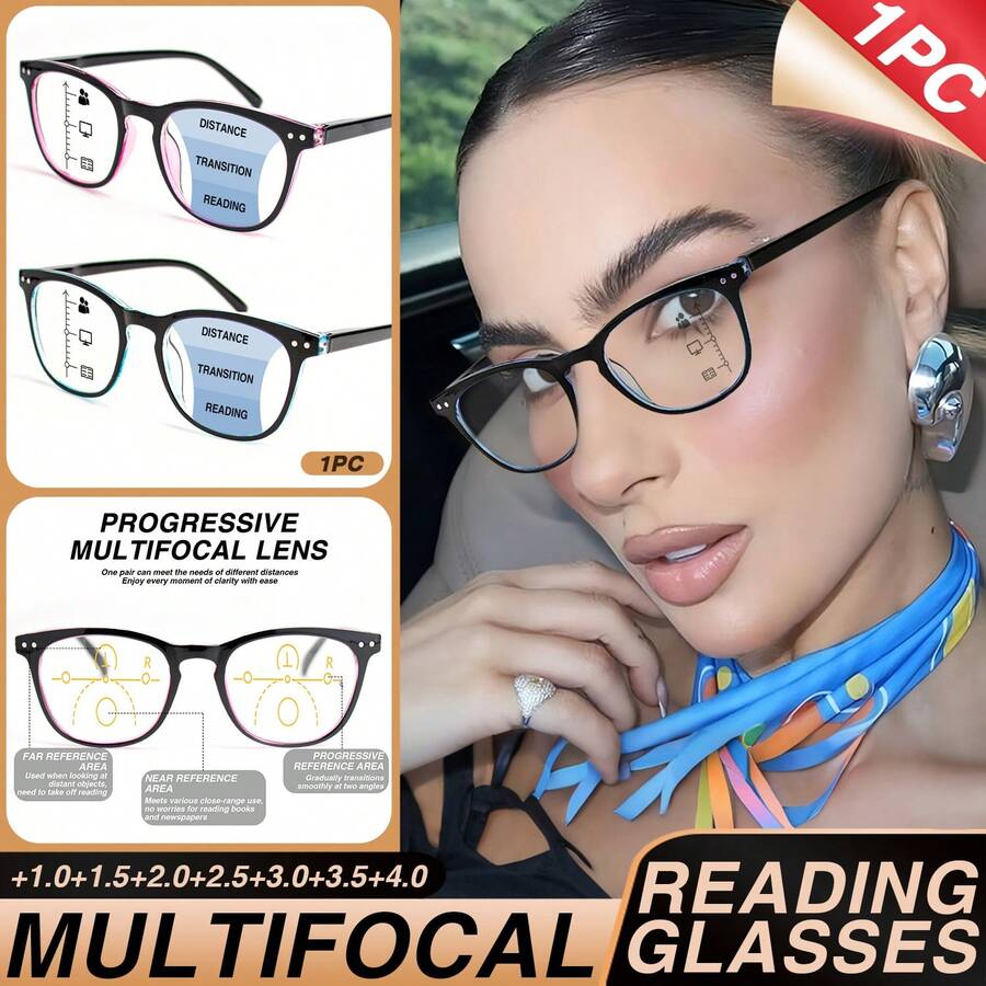 1 pieza Gafas de lectura vintage con marco redondo multifocales, gafas de 2 en 1 para visión lejana y cercana, con diseño de marco pequeño y redondo con remaches, de alta calidad con varillas de metal con muelles, de moda unisex para lectores multifocales - polvo negro - Ver 1