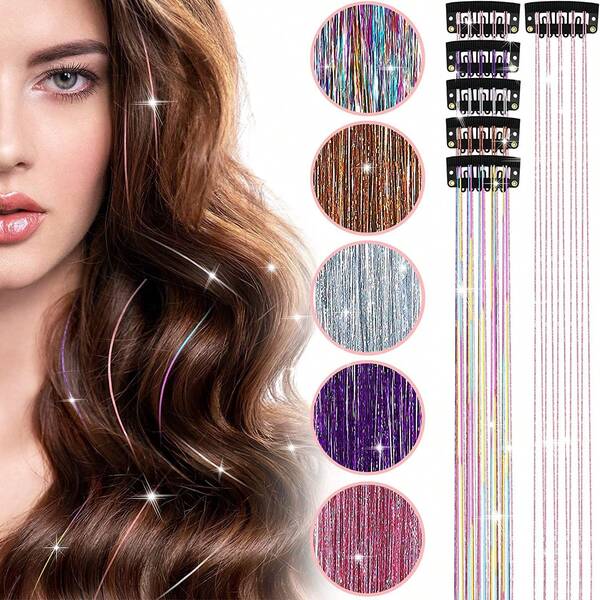 2/6 Stück bunte Tinsel Haarverlängerungen, glänzende metallische Laser-Haarband-Haarteile, Clip-In gerade Haarverlängerung synthetische Haarzubehör