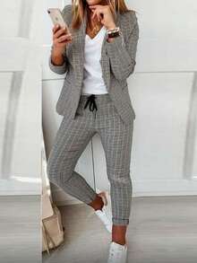 Women's Temperament Casual Checkered Suit Jacket Pants Two-Piece Set