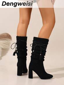 Black Pleated Drawstring Tassel Mid-Calf Boots, High Chunky Heel Round Toe, Versatile Elegant Boots For Holiday, Music Festival, Commute, Vacation - Black - View 3