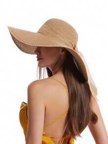 Sombrero de ala ancha para mujeres Sombrero de paja cómodo y elegante con lazo sombrero de playa de verano proteccion solar moda - Caqui - Ver 3