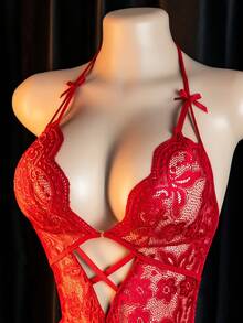 Lingerie, Crotchless Design, Lace Hollow Out Bodysuit, Elegant Women's Bodysuit, Bed Temptation Clothes, Passion Battle Shirt - 紅色 - 查看 4