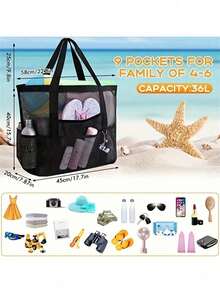 Mesh Beach Bag Large Beach Tote Bag, Multi-Use Organizer With Zipper Closure, Foldable Handy Large Mesh Tote Bag Lightweight For Family Beach Bag For Toys & Vacation Essentials, Suitable For Teen Girls Women College StudentsHoliday,Beach,Vacation,Outdoors, Travel, Outings - Multicolor - View 4