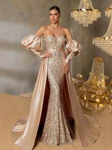 Faeriesty Abito da sera elegante con maniche a palloncino, orlo a sirena, raso con strascico, decorato con paillettes, adatto per eventi da red carpet, grandi gale, ricevimenti, banchetti e cerimonie - Champagne - Visualizzare 1