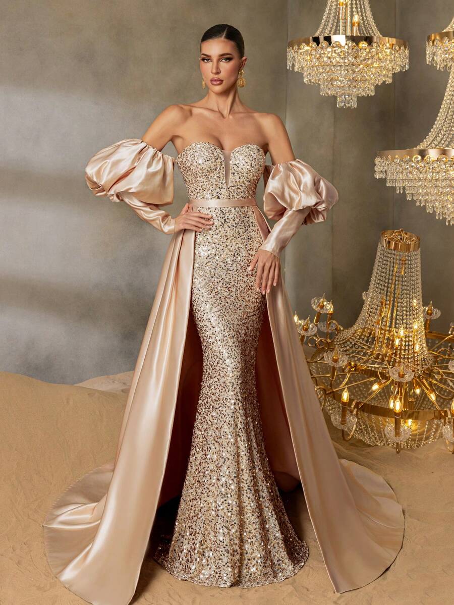 Faeriesty Abito da sera elegante con maniche a palloncino, orlo a sirena, raso con strascico, decorato con paillettes, adatto per eventi da red carpet, grandi gale, ricevimenti, banchetti e cerimonie - Champagne - Visualizzare 1