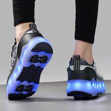 LED Multi-Flashing 4-Wheel Roller Skates, Quick Skating, Detachable Wheels, Fashion Casual 2-In-1 Roller Shoes, Rotary Buckle Adjustable Loose Fit - Black - View 4