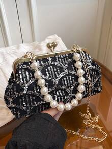 1 件黑色喇叭形纹理亮片网状夹扣珍珠手柄包，高端奢华礼服婚礼派对手拿包，女士，2025 年春夏