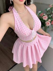 2pcs/Set Pink Lace Sexy Deep V-Neck Tie-Up Backless Top & Pleated Tennis Skirt, Made Of Jacquard Knit Fabric, Casual Sporty Style, Young & Sexy Girl Look, Spring/Summer New Women Outfit - Pink - View 1