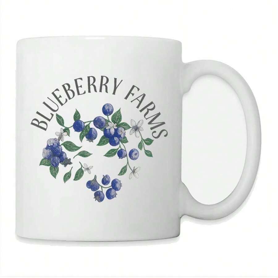 Taza de café de 11 onzas con logo de Blueberry Farms diseñada con bayas y flores