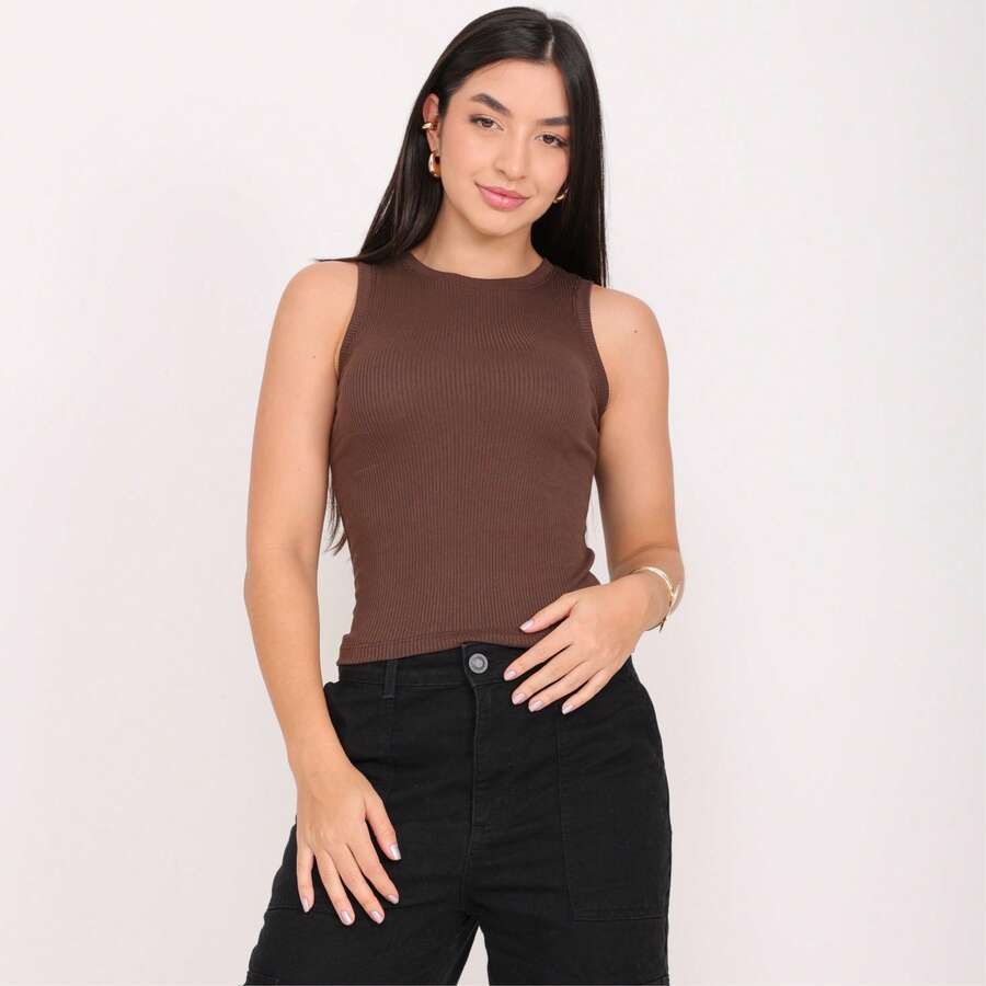 Women's Ribbed Knit Tank Top With Round Neck - Rỉ Nâu - Xem 1