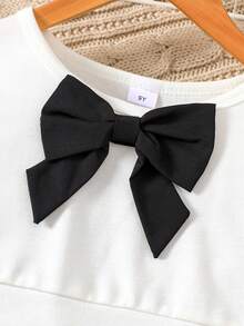 女童两件套：白色长袖卫衣（胸前蝴蝶结装饰）+黑色薄纱裙，袖口蝴蝶结装饰，可爱公主风，适合日常穿着，返校 - 白色 - 查看 4