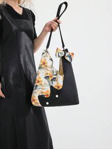 2025新款碎花拼布时尚简约休闲清新大容量单肩托特包腋下包，女士新月斜挎包，学生挎包，购物手提包 - 黑色 - 查看 2