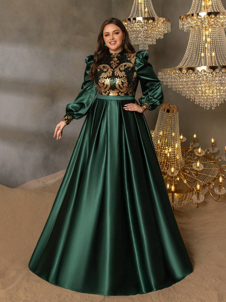 Faeriesty Curve Plus Satin A-Line Evening Gown With High Neckline, Puff Sleeves & Black-Gold Sequin Embroidery, Flowing Floor-Length Skirt | Luxurious Vintage-Inspired Formal Design | Perfect For Weddings, Evening Galas, Red-Carpet Events, And Formal Dinners​