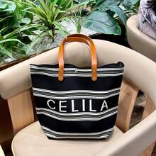 Women Tote Bags - 字母大橫條-黑色 - 查看 7