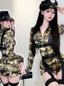 1pc Camouflage Print Police Costume, Suitable For Cosplay, Music Festival And Events (Clothing + Suspender Straps For 88-132 Lbs Body Weight)