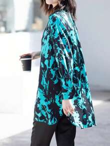 Women's Elegant Slimming Ink Print Shirt, Concealing Belly High-End Blouse, Long Sleeve Mid-Length Covering Buttocks, All-Over Print Woven Fabric, Front Button Closure, Suitable For Daily Wear In Spring, Summer, Autumn