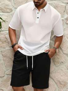 2 Pcs Men Plain Bamboo Texture Polo Shirt And Shorts Set, Casual Zipper Collar Short Sleeve Shirt With Matching Shorts Set, Summer Hawaiian Holiday, Suitable Gift For Husband/Boyfriend - White - View 2