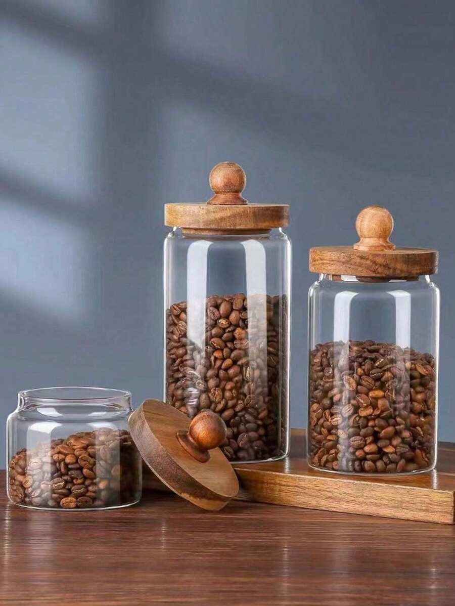带木盖的玻璃储物罐厨房储物罐，玻璃咖啡罐，带木盖的透明储物罐圆形玻璃食品罐，用于储藏糖茶咖啡豆香料坚果，用于冰箱和橱柜