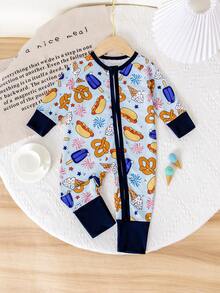 1pc Baby Boy Overall Romper With Hot Dog, Pretzel, Ice Cream, Ice Lolly Prints, Round Neck Long Sleeve Contrast Color Zipper Design, Suitable For Daily Casual Wear