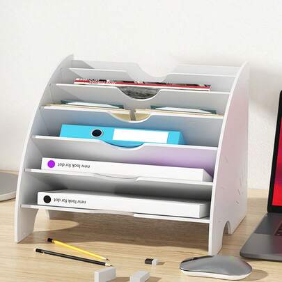 Wooden Desk File Organizer Rack With Multi-Layer A4 Document Shelving For Office Supplies And Home Workspace, A Sturdy Handmade Storage Solution That Keeps Papers, Letters, And Journals Neatly Organized, Suitable For Small Office, Studio, And Study Desk; Features Durable Natural Wood Finish, Smooth Edges, And A Spring-Ready Contemporary Minimalist Look That Enhances Productivity And Order.