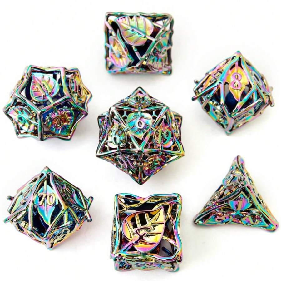 7pcs Hollow Leaf Shaped Metal Multi-Faced Dice Set, Suitable For Role-Playing Board Games
