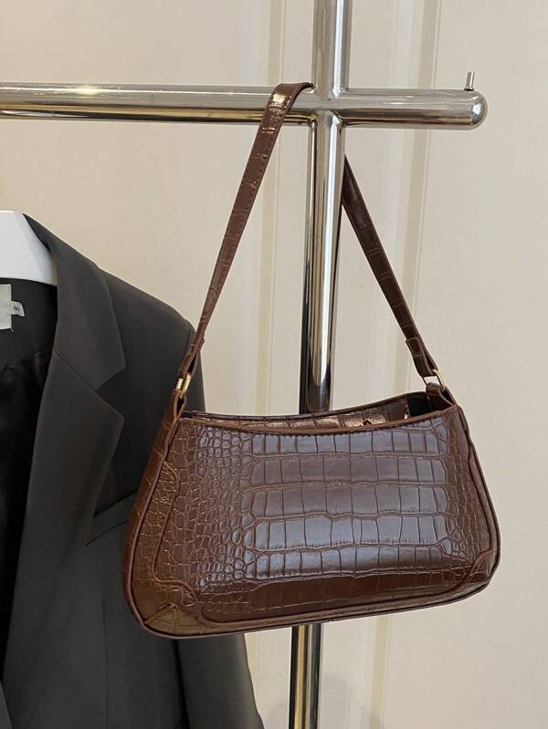 Bolso de hombro, bolso de mano, bolso baguette versátil minimalista de moda, bolso de hombro casual con estampado de cocodrilo, bolso de trabajo, con nuevo diseño 2025 con patrón de piedra texturizada para mujer
