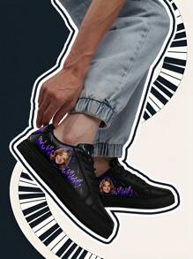 [Musik Festival Thema] Damen Individuell bedruckte Foto- und Namens-Sneaker im Niedrigschnitt, PU-Obermaterial-Schuhe, Soundwellen-Lichtdruck, leicht, komfortabel, Unisex Design