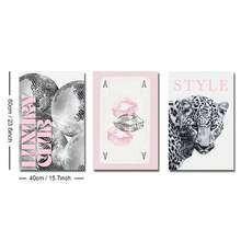 3件套无框豹纹、迪斯科球、嘴唇海报套装，粉色、黑色、白色可选，豹纹酒吧推车墙面艺术帆布画，学院风艺术，时尚杂志氛围，适合公寓、客厅、卧室、现代家居装饰 - 彩色 - 查看 9
