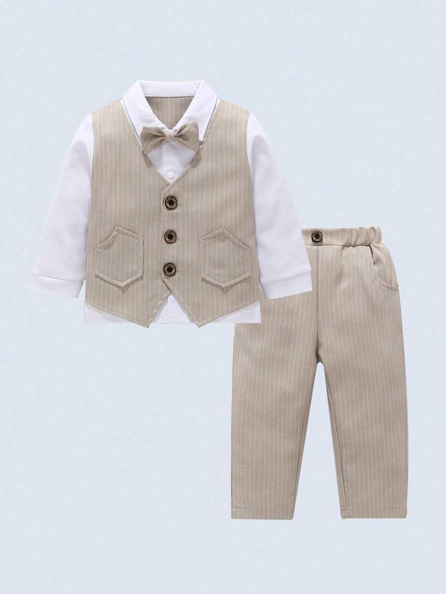 زي رسمي لصبي صغير، قميص مخطط مع ربطة عنق وبنطلون، أناقة وملائم لحفلات عيد الميلاد والسهرات والزفاف والمناسبات الخاصة، قطعتان - كاكي - مشاهدة 1
