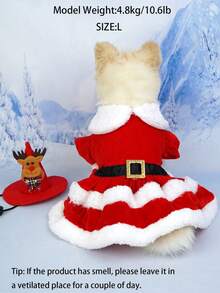 1 pieza Vestido elegante y lindo de poliéster rojo con ribete blanco, cálido para mascotas en Navidad, adecuado para gatos y perros pequeños/medianos en otoño/invierno (excluyendo el sombrero)